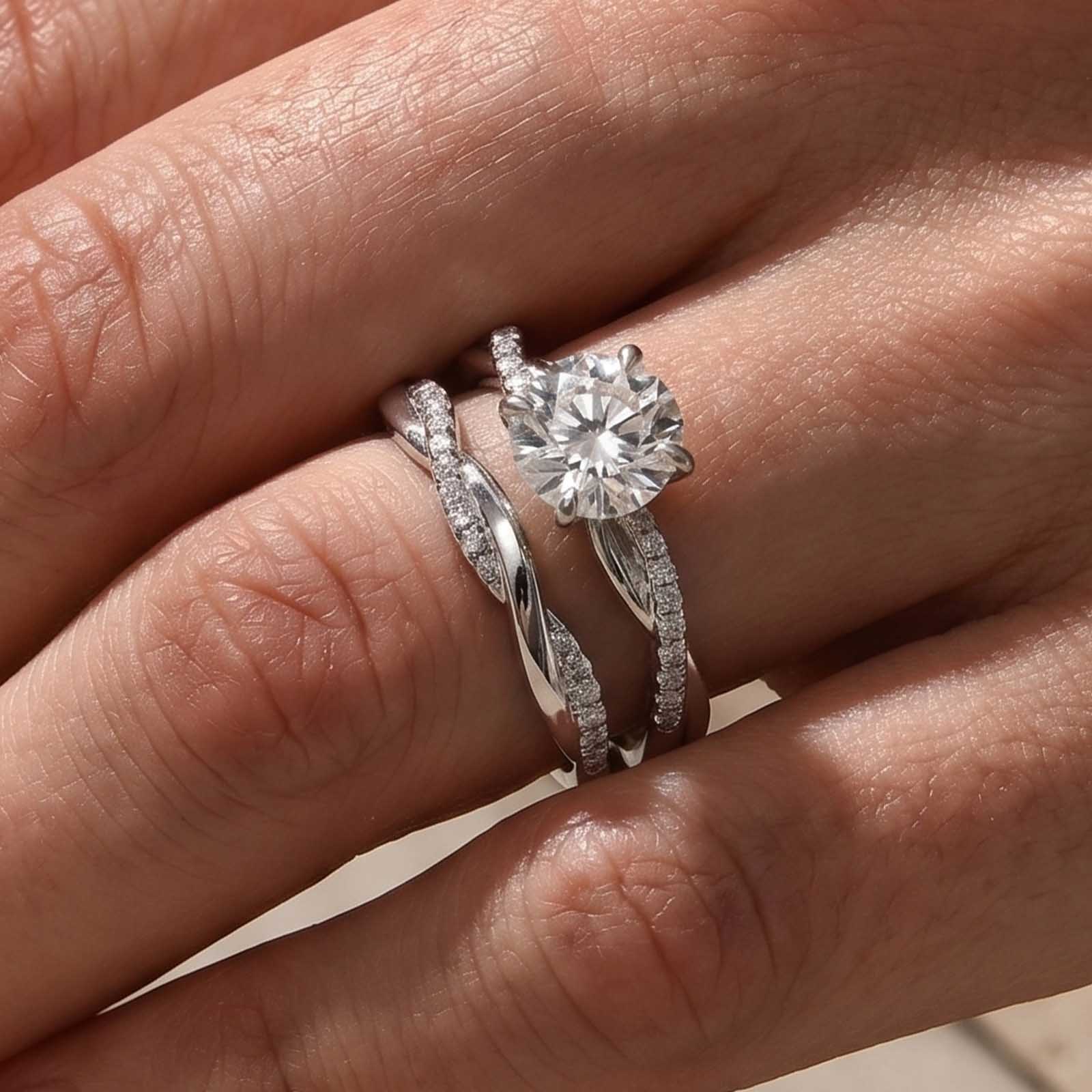 BS246PMSS-3 S925 Moissanite Twist 1.0Ct Round Cut 2PC Engagement Ring with 0.22Ct Round Cut Wedding Band - Image 1