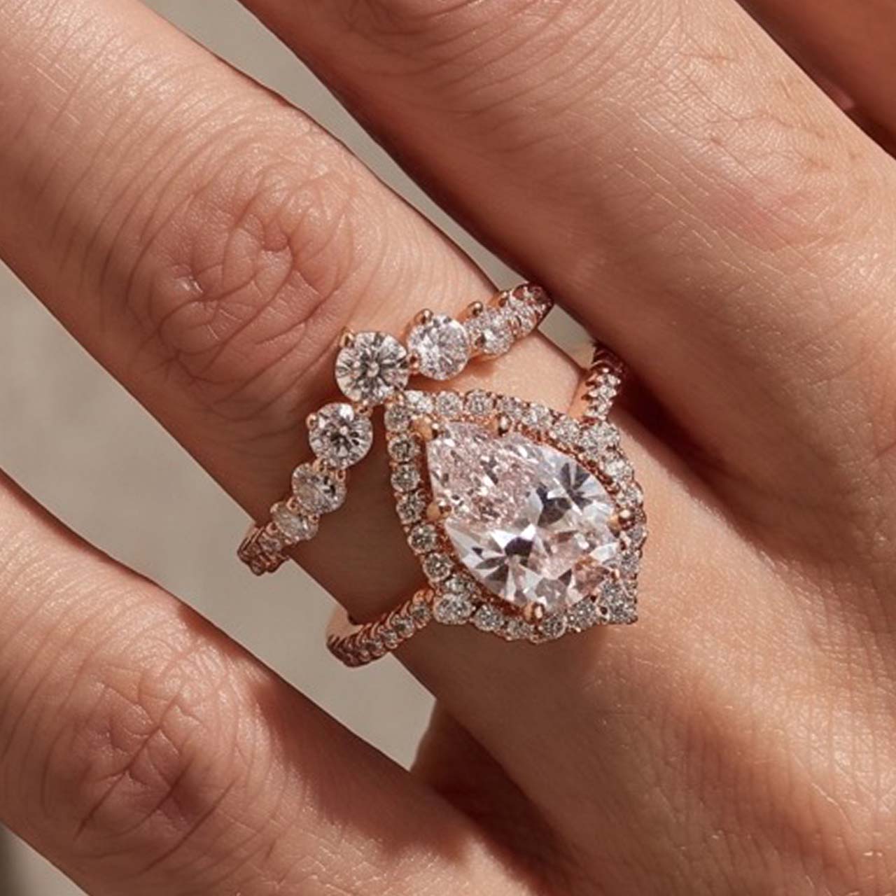 BS246S-3- S925 Elegant Rose Gold 2.2 Carat Halo Pear Cut Bridal Ring Set In Sterling Silver - Image 1