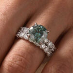 S925 Green Moissanite Hidden Halo 3.0Ct Round Cut Engagement Ring with Classic 2.5Ct Round Cut Wedding Band