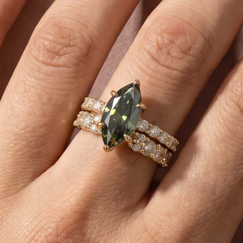BS252YMSS-1 S925 Green Moissanite 3.0Ct Marquise Cut Hidden Halo Yellow Gold Wedding Set in Sterling Silver - Image 1