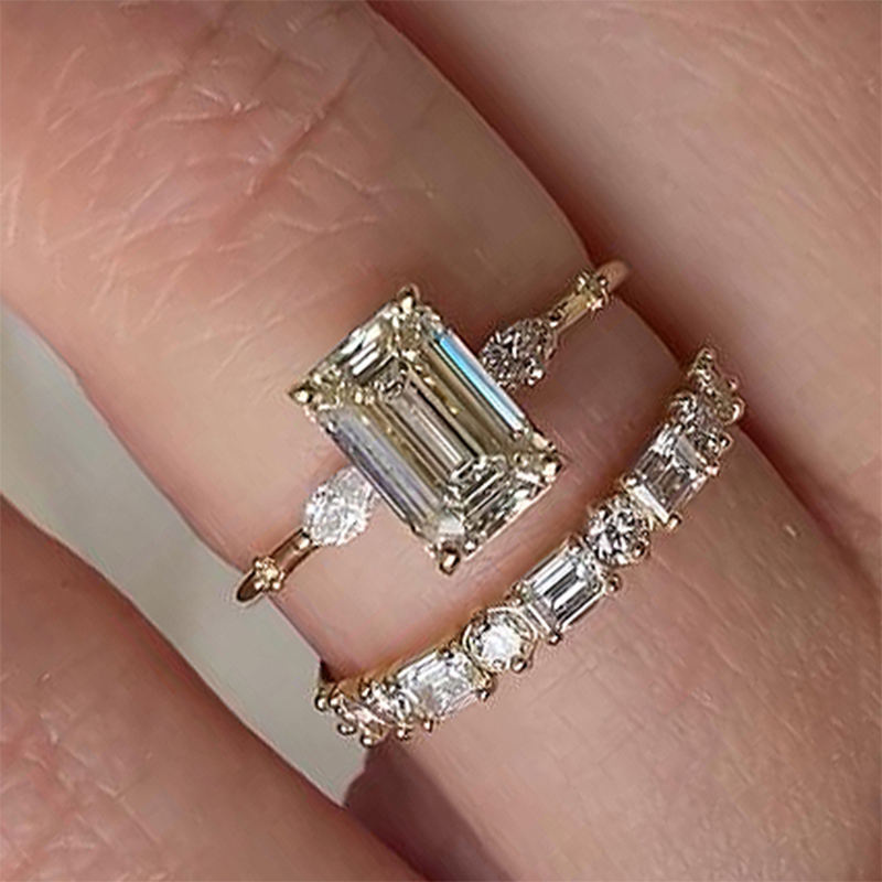 BS706S-2_3 S925 Exquisite Yellow Gold Emerald Cut Three Stone Wedding set For Women In Sterling Silver - Image 1