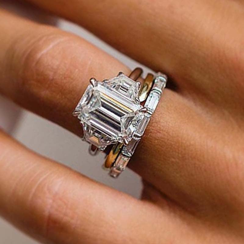 BS752S-4 S925 Maxine Honorable Three Stone Emerald Cut 3PC Wedding Set - Image 1