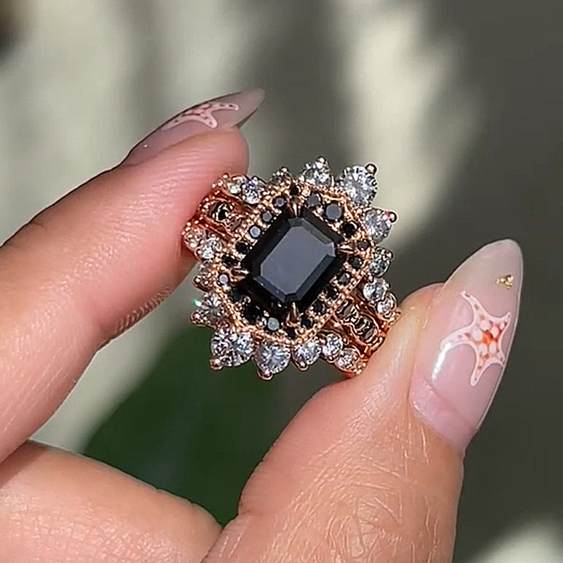 BS774S-1 S925 Unique Rose Gold Radiant Cut 3PC Wedding Set - Image 1