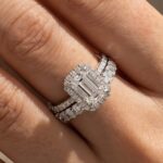 S925 Maxine Noble Halo Emerald Cut Wedding Ring Set