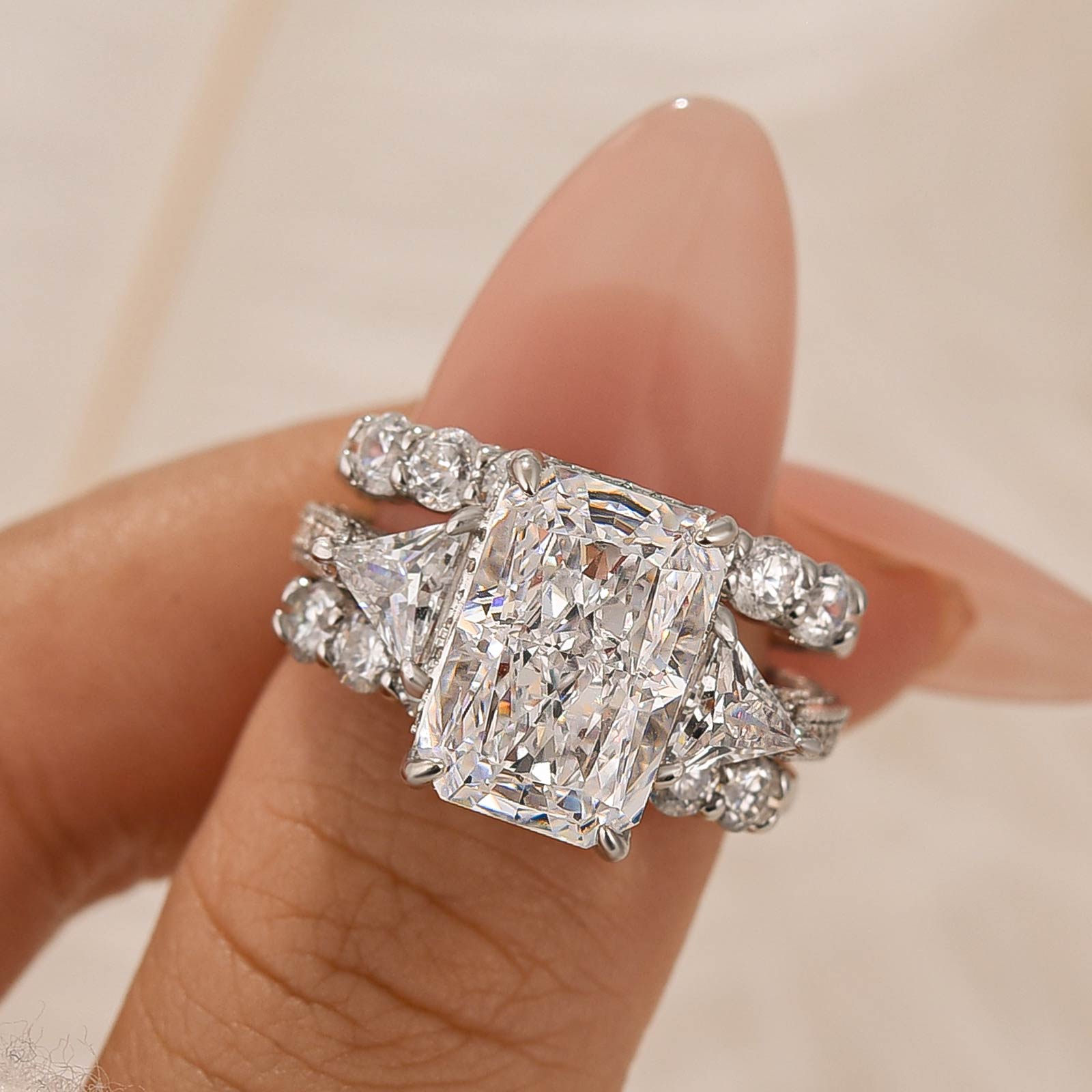 DSC-03941-ukiGk9 S925 3PC Wedding Ring Set 5.0Ct Radiant Cut White Gold Side Stone Engagement Rings With 2PC Pavé Wedding Band - Image 1