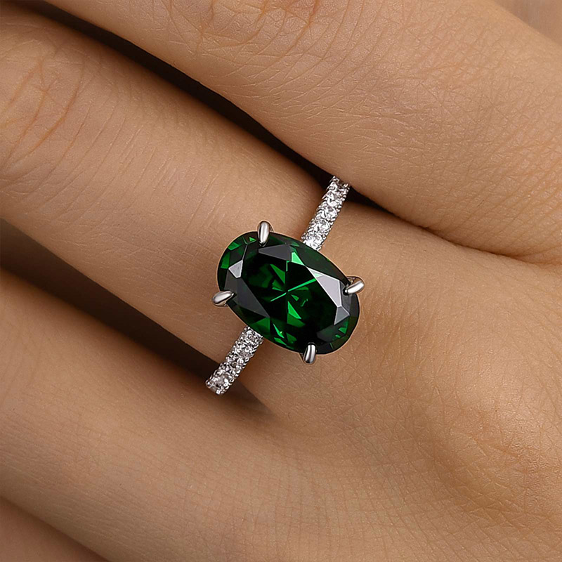 DSC-0544-1 S925 Classic Oval Cut Emerald Green Simulated Diamond Engagement Ring - Image 1