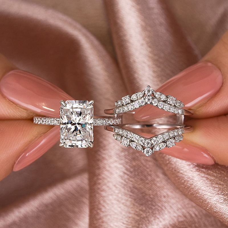 DSC-07761 S925 Moissanite 3.5 Ct Radiant Cut Insert Wedding Ring Set With Jacket Stack Wedding Band - Image 1