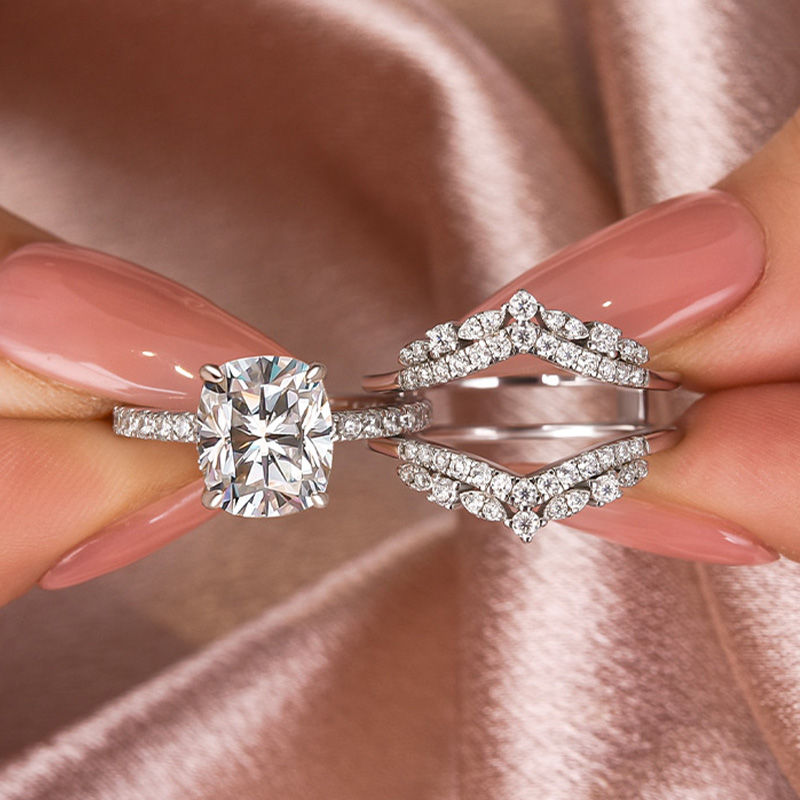 DSC-07811 S925 Moissanite 3.0 Ct Cushion Cut Insert Wedding Ring Set With Jacket Stack Wedding Band - Image 1