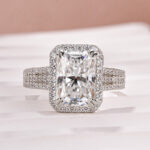 S925 Moissanite Halo Three Shank 3.5Ct Radiant Cut White Gold Engagement Ring - Image 5