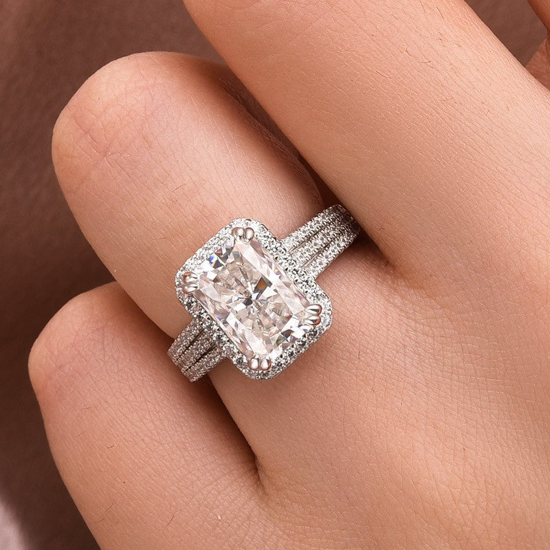 DSC-1674-2-1747040937 S925 Moissanite Halo Three Shank 3.5Ct Radiant Cut White Gold Engagement Ring - Image 1