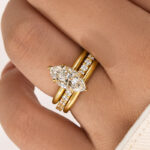 S925 Moissanite 3PC Wedding Sets 2.0 Ct Marquise Cut Solitaire Yellow Gold Engagement Ring with Half Round Cut Wedding Band