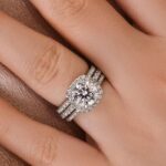 S925 Moissanite 2.0 Ct Halo Round Cut White Gold Promise Ring with Full Eternity Thin Wedding Band