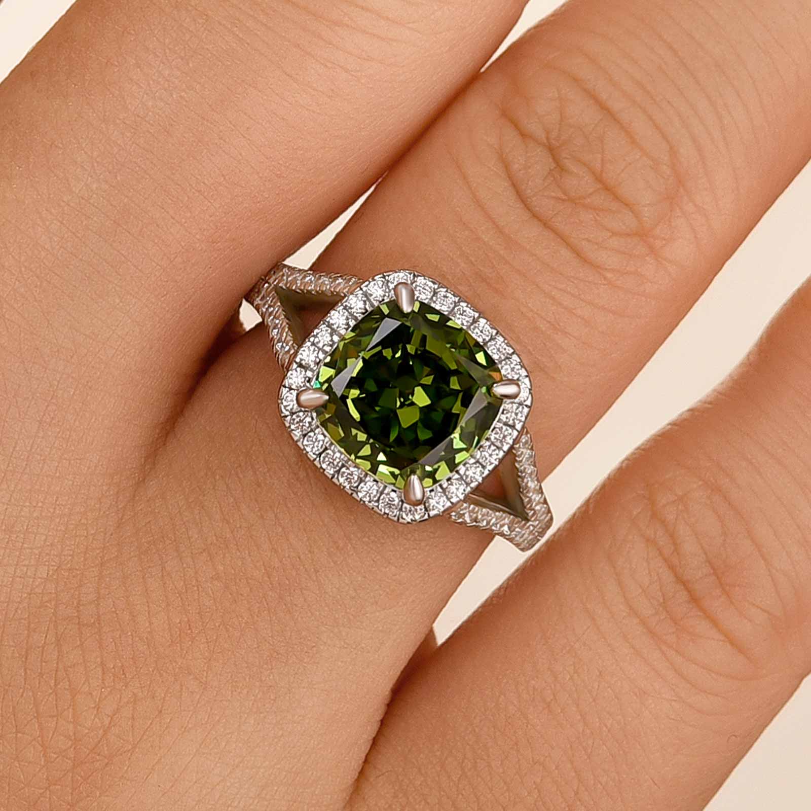 DSC-3333-1 S925 Maxine Vintage Green Stone Split Shank Cushion Cut Engagement Ring - Image 1