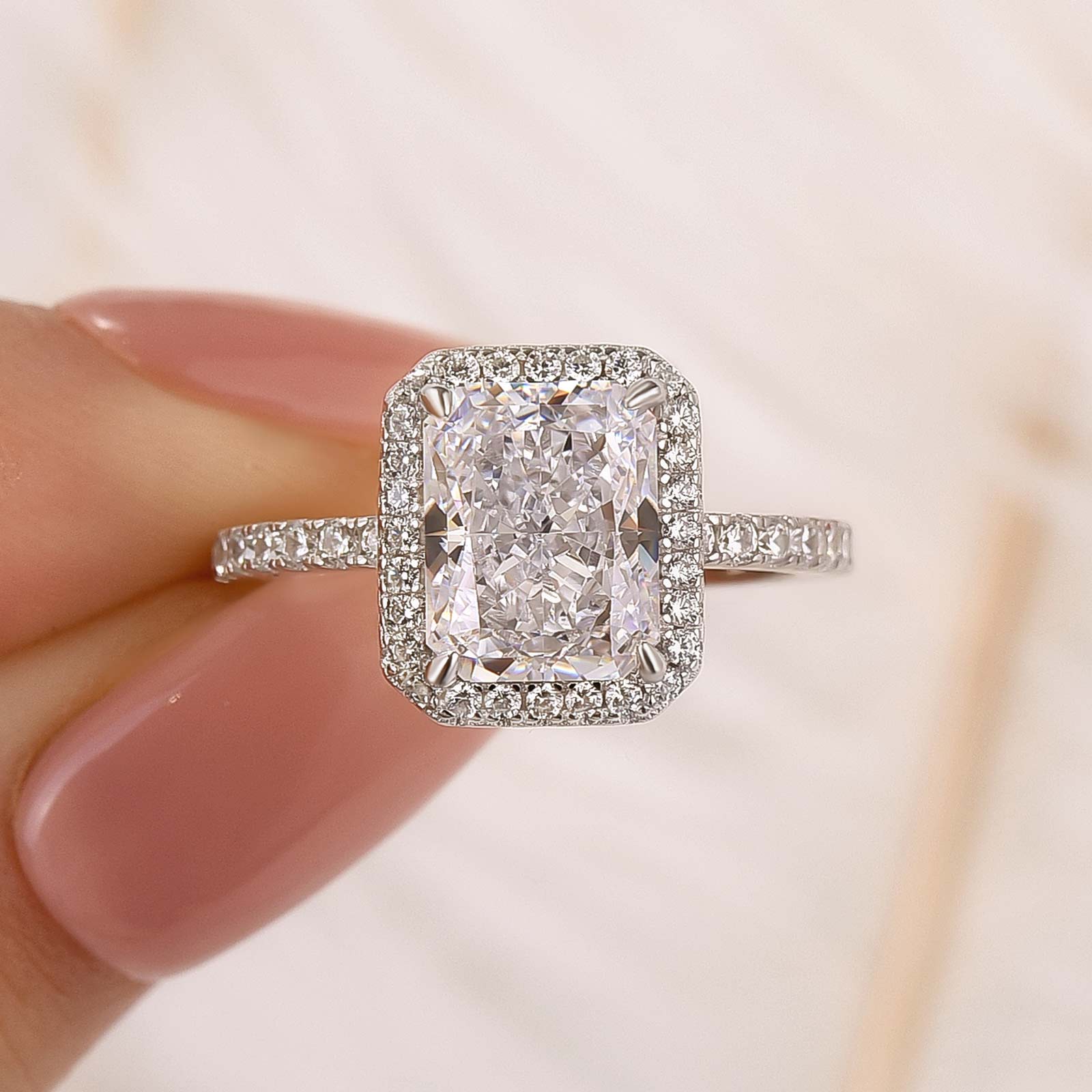 DSC-4792 S925 Maxine Halo Radiant Cut Engagement Ring In Sterling Silver - Image 1