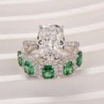 S925 Vintage 5.5Ct Cushion Cut Wedding Ring Set With Halo Emerald Cut Half Wedding Band - Image 3