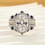 S925 Enhancer Wedding Set 4.0Ct Halo Oval Cut Engagement Ring with Blue & White Stone Wedding Band - Image 3