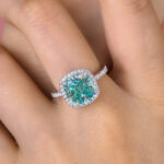 S925 Exquisite Halo Cushion Cut Cyan Blue Engagement Ring In Sterling Silver