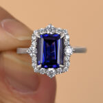 S925 3.0 Carat Halo Emerald Cut Blue Sapphire Engagement Ring In Sterling Silver