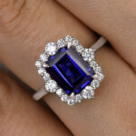 S925 3.0 Carat Halo Emerald Cut Blue Sapphire Engagement Ring In Sterling Silver - Image 2