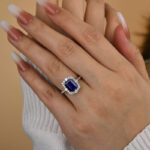 S925 3.0 Carat Halo Emerald Cut Blue Sapphire Engagement Ring In Sterling Silver - Image 3