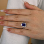 S925 3.0 Carat Halo Emerald Cut Blue Sapphire Engagement Ring In Sterling Silver - Image 4