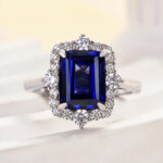 S925 3.0 Carat Halo Emerald Cut Blue Sapphire Engagement Ring In Sterling Silver - Image 5