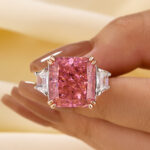 S925 Luxurious Pink Stone Radiant Cut Three Stone Engagement Ring In Sterling Silver