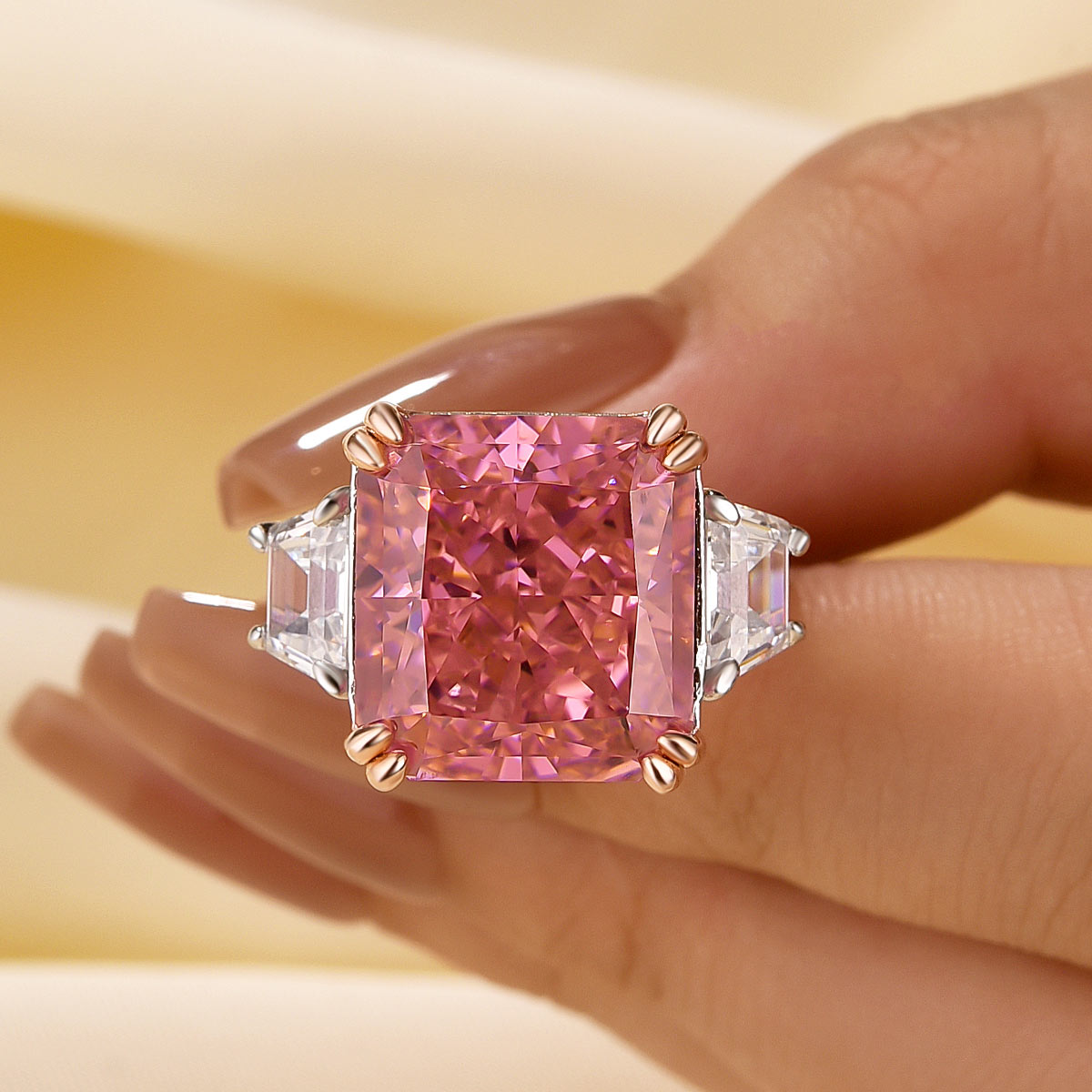 DSC-56821-xc9n4l S925 Luxurious Pink Stone Radiant Cut Three Stone Engagement Ring In Sterling Silver - Image 1