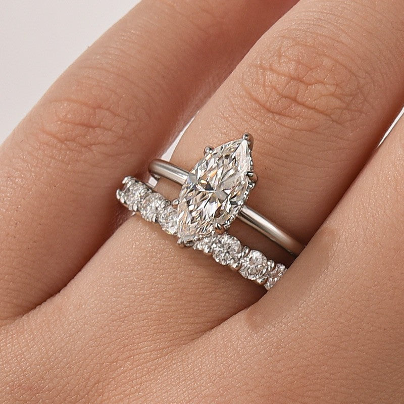 DSC-5954-2-1758259870 S925 Moissanite 2.0Ct Marquise Cut Solitaire Engagement Ring in Sterling Silver with Eternity Wedding Band - Image 1