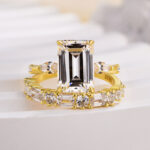 S925 Exquisite Yellow Gold Emerald Cut Three Stone Wedding set For Women In Sterling Silver - Image 5