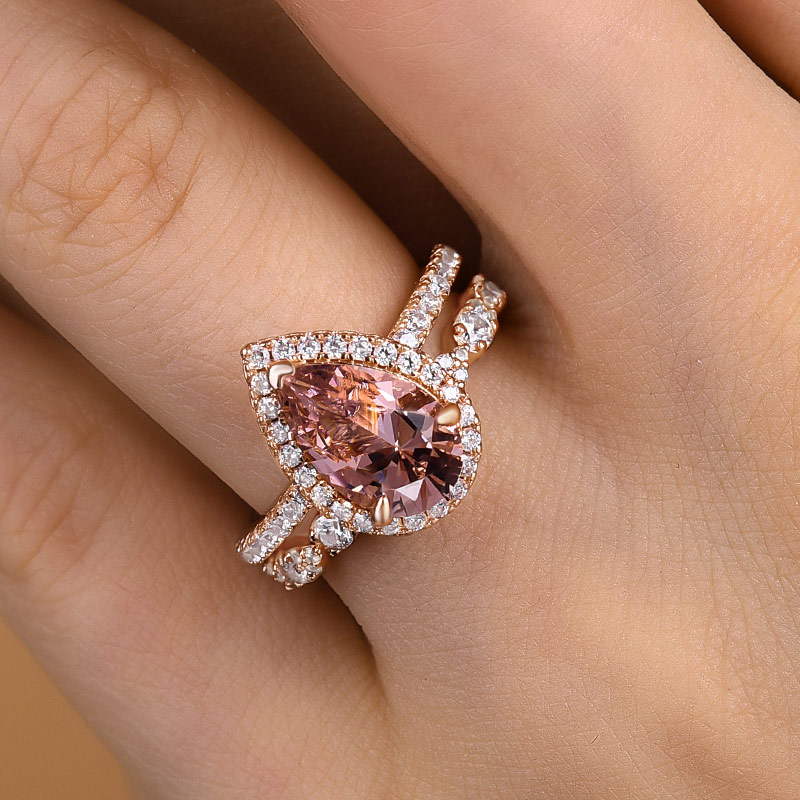 DSC-6570-1 S925 Rose Gold Halo 2.2 Carat Pear Cut Peachy Pink Stone Wedding Set For Women - Image 1