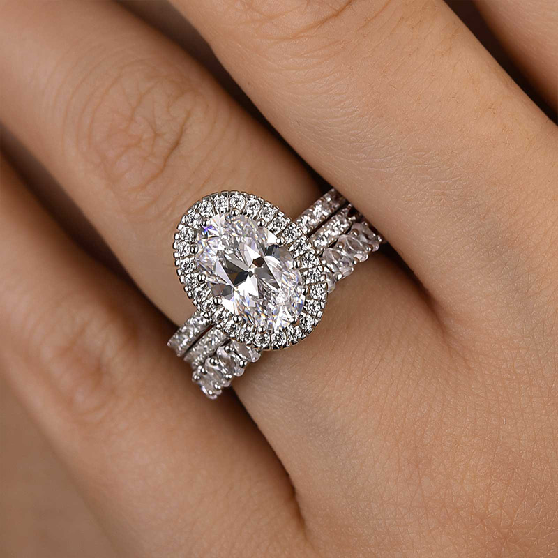 DSC-7612-1-1 S925 Maxine Exclusive Halo Oval Cut 3PC Wedding Set - Image 1