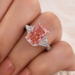 S925 5.0 Carat Pink Radiant Cut Three Stone Engagement Ring With Hidden Halo