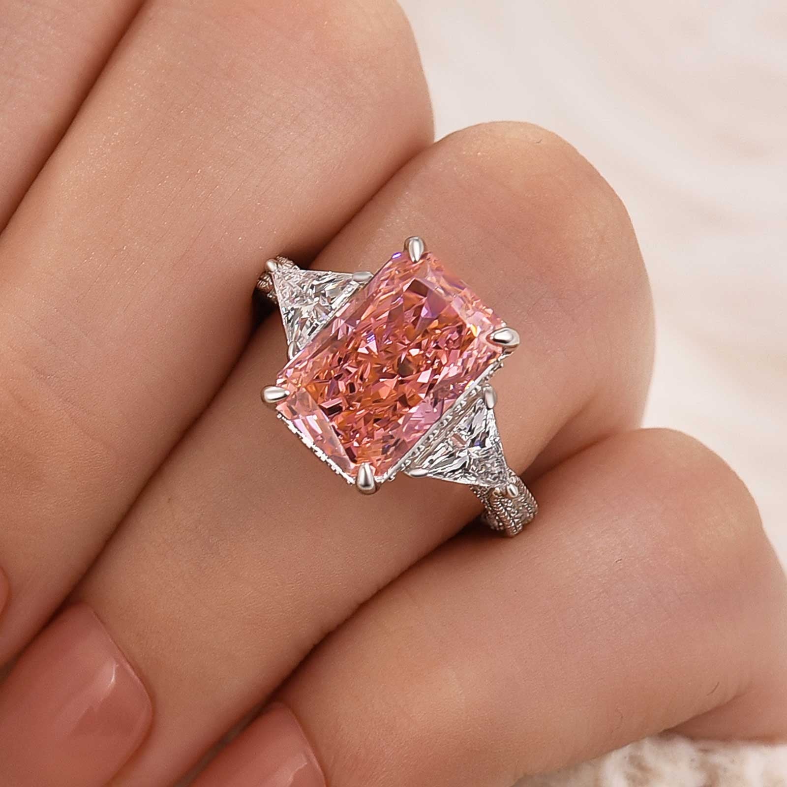 DSC-7660-1-1758868450 S925 5.0 Carat Pink Radiant Cut Three Stone Engagement Ring With Hidden Halo - Image 1