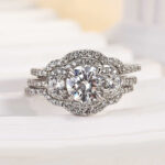S925 Maxine Unique Halo Round Cut Three Stone Insert 3PC Ring Set - Image 4