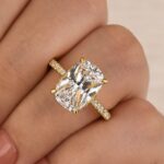 S925 Bright 5.5Ct Cushion Cut Pavé Yellow Gold Engagement Ring For Women In Sterling Silver