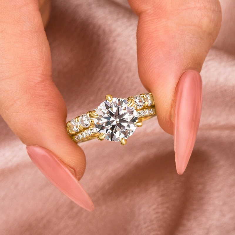DSC-87081-1744097274 S925 Moissanite 2.0Ct Round Cut Yellow Gold Wedding Ring Set - Image 1