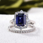 S925 Exclusive Halo Blue Sapphire Emerald Cut Wedding Ring Sets In Sterling Silver