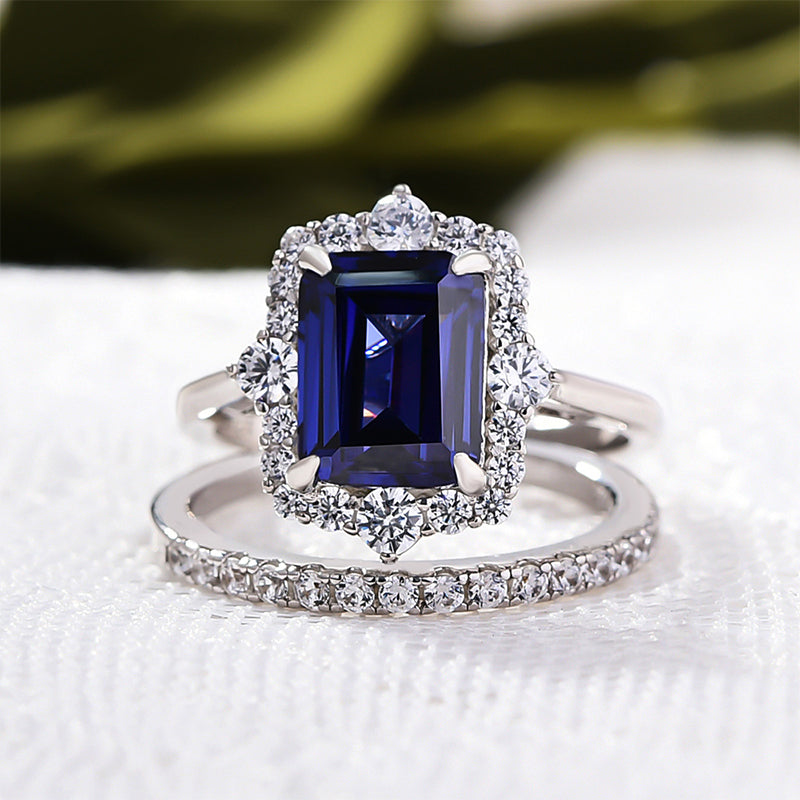 DSC-8726-635dfce1-7c12-403d-b031-60f5accc9b68 S925 Exclusive Halo Blue Sapphire Emerald Cut Wedding Ring Sets In Sterling Silver - Image 1