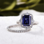 S925 Exclusive Halo Blue Sapphire Emerald Cut Wedding Ring Sets In Sterling Silver - Image 4