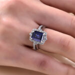 S925 Exclusive Halo Blue Sapphire Emerald Cut Wedding Ring Sets In Sterling Silver - Image 2