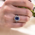 S925 Exclusive Halo Blue Sapphire Emerald Cut Wedding Ring Sets In Sterling Silver - Image 3