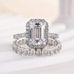 S925 Maxine Noble Halo Emerald Cut Wedding Ring Set - Image 4