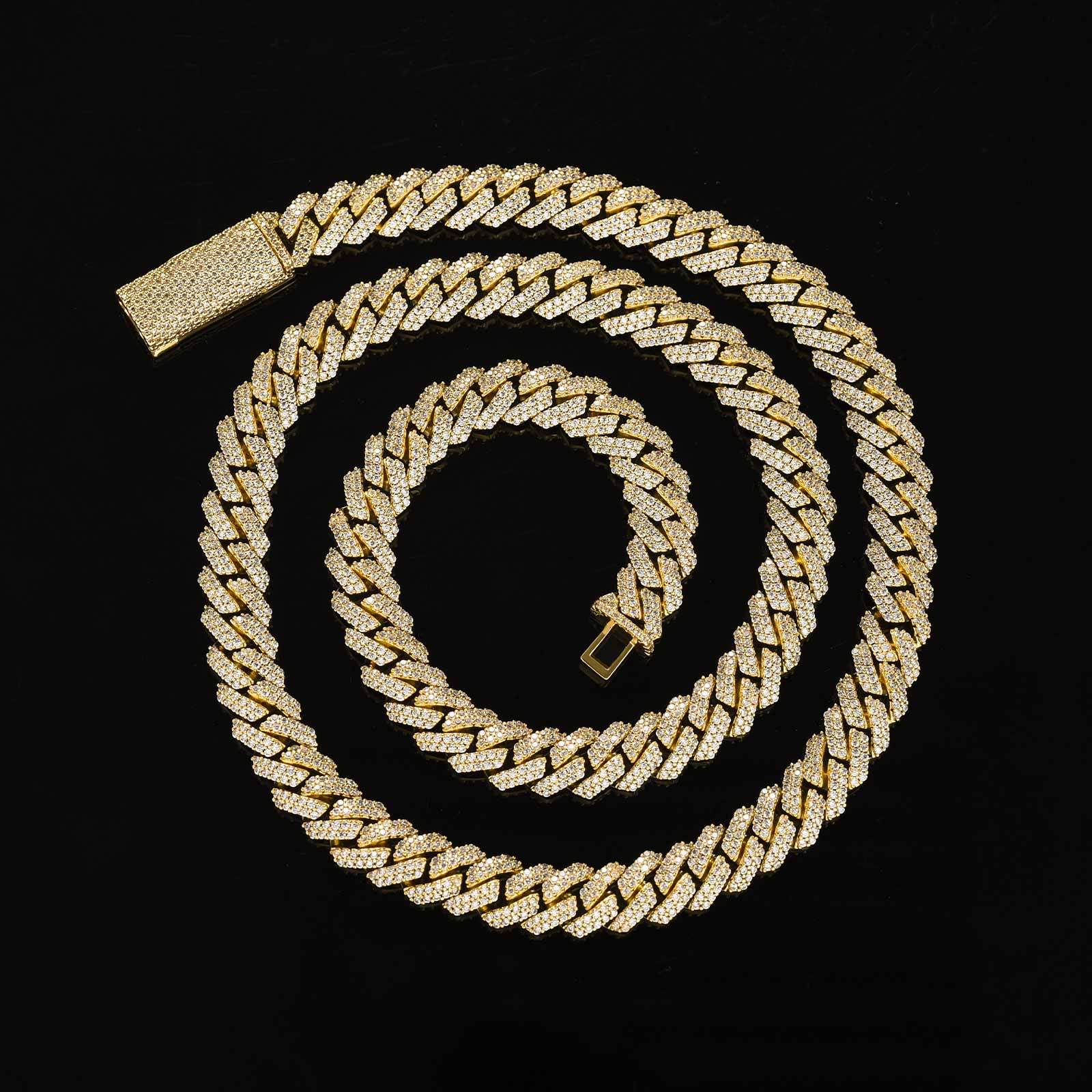 DSC-98451-dEF7Mo S925 8mm 20" Yellow Gold 925 Sterling Silver Long Box Clasp 2-Row Iced Out Handset Miami Cuban Chain Necklace - Image 1