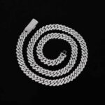 8mm 20" White Gold Long Box Clasp 2-Row Iced Out Handset Miami Cuban Chain Necklace