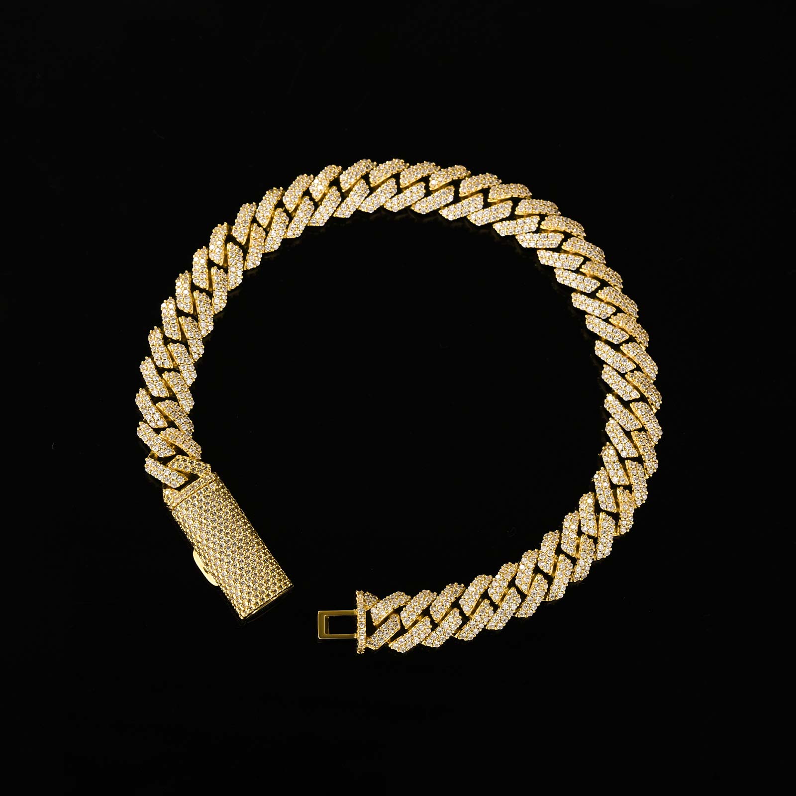 DSC-99821-OgD2CT S925 8mm 8" Yellow Gold 925 Sterling Silver Long Box Clasp 2-Row Iced Out Handset Miami Cuban Chain Bracelet - Image 1