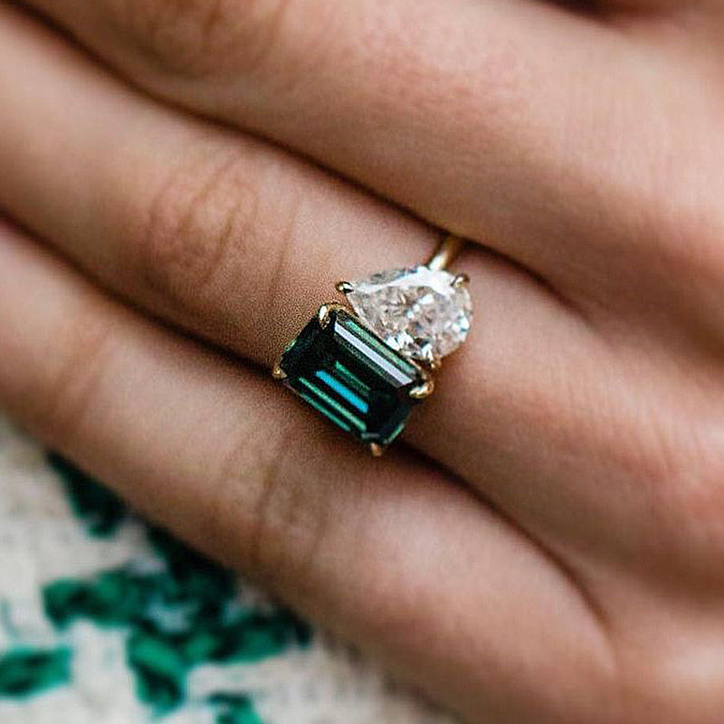 ER1087YS-4 S925 Special Two Stones Design Emerald & Pear Cut Engagement Ring In Sterling Silver - Image 1