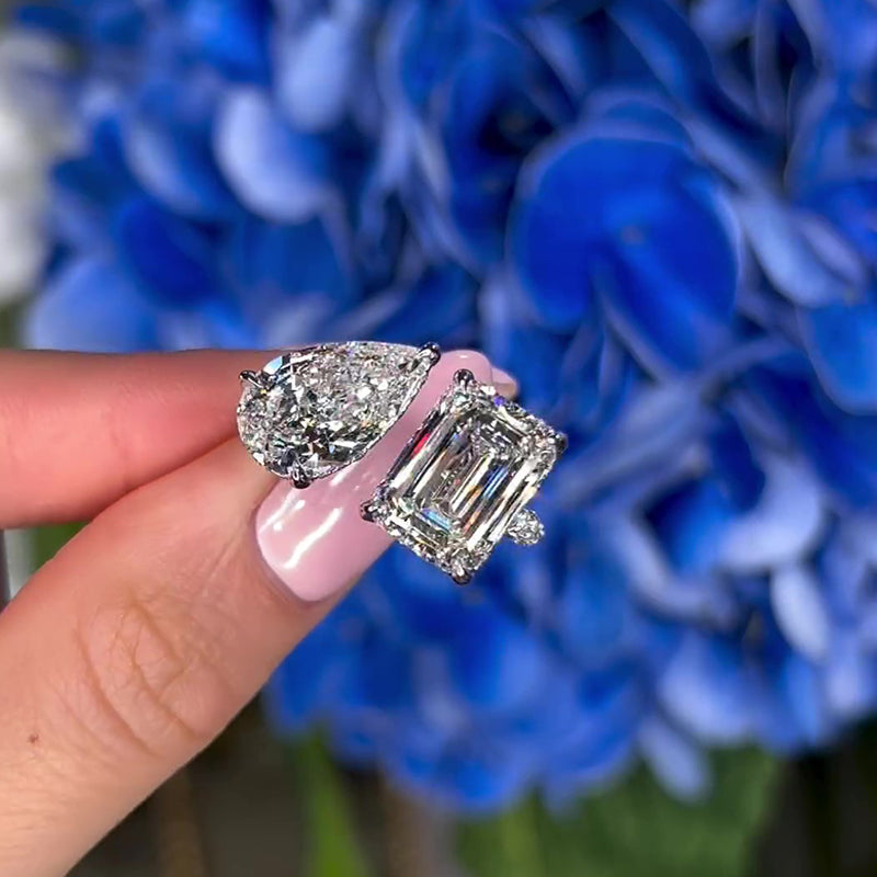 ER1397PS-1 S925 Maxine Unique Toi et Moi Design Emerald Cut & Pear Cut Engagement Ring - Image 1
