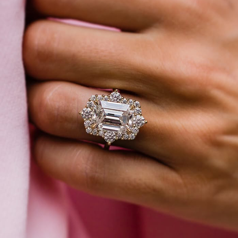 ER1468YS-1 S925 Vintage 3.0Ct Halo Emerald Cut White Stone Engagement Ring In Sterling Silver - Image 1