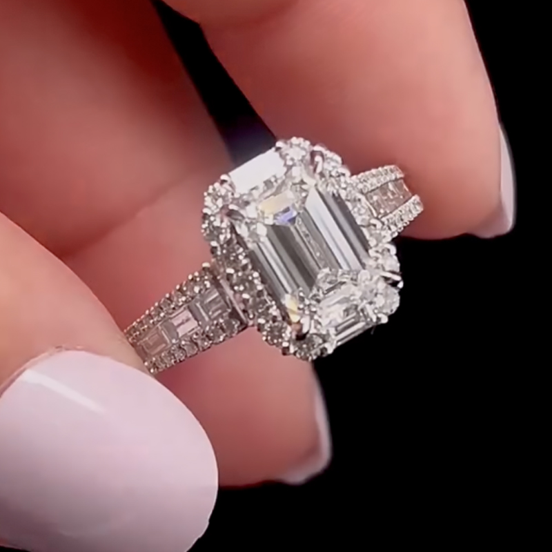 ER1523PS-3 S925 Luxurious Halo Emerald Cut Engagement Ring In Sterling Silver - Image 1